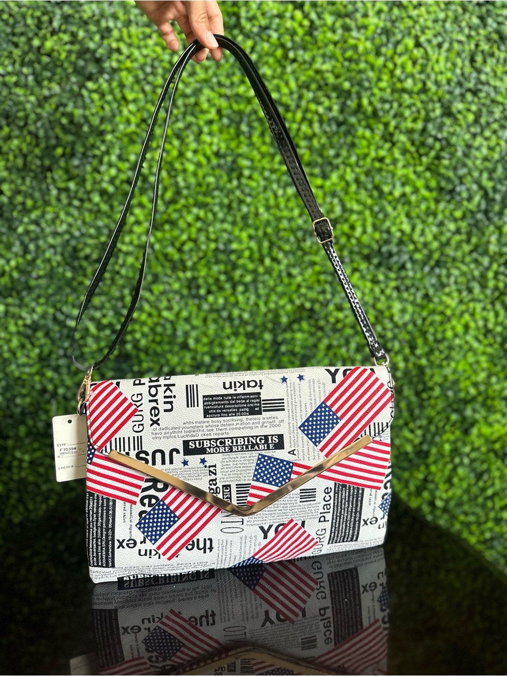 Patriotic Newspaper Print Crossbody Bag - Black Strap